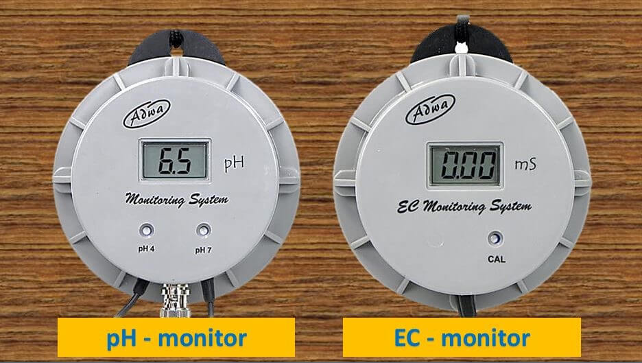 pH monitor és EC monitor – folyamatos pH és EC értékek megfigyelése öntözés és tápoldatozás alatt.